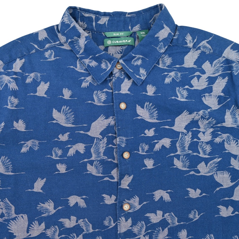 100% Cotton Cubavera Mens All Over Print Crane Bird Button Up Shirt Blue XXL